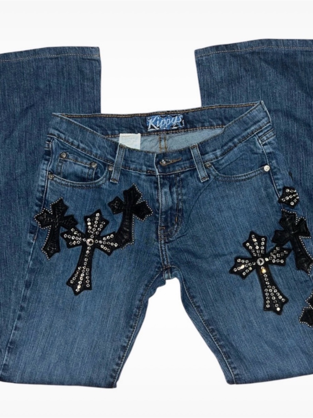 Kippys Women's Blue Denim Jeans with Studded Cross Appliqués